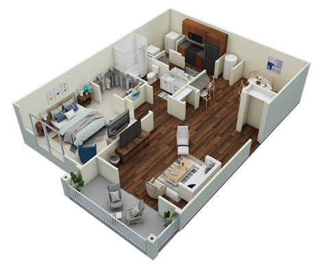 a 3d rendering of a bedroom and living room
